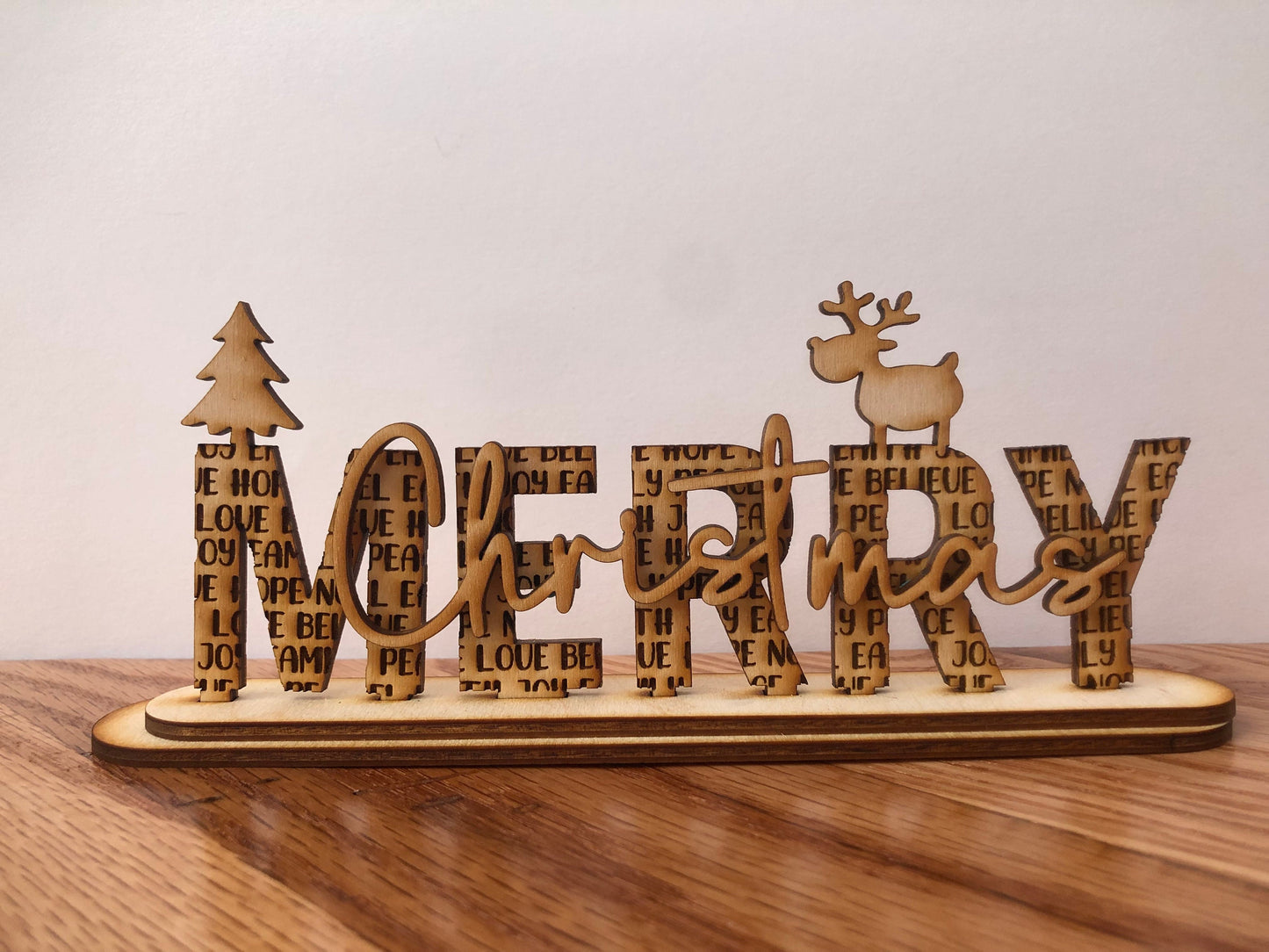 Merry Christmas engraved and layered wood sign with reindeer and Christmas tree
