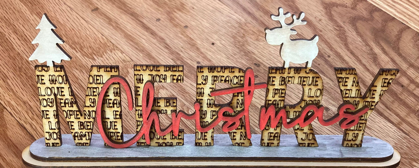 Merry Christmas engraved and layered wood sign with reindeer and Christmas tree
