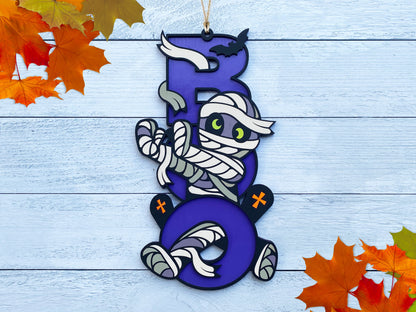 Cute Vertical Hanging Halloween Mummy Boo Wood Sign for your front porch, door, or yard