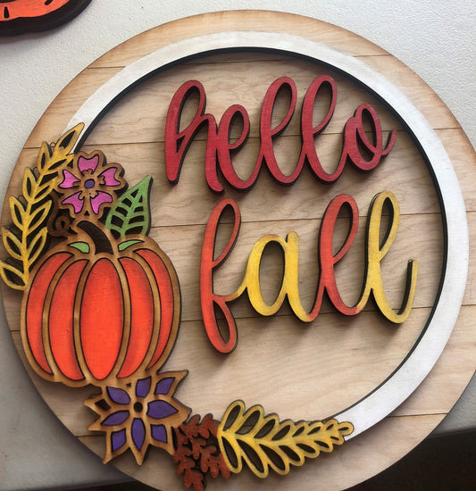 Hello Fall wooden porch sign - homemade, neutral, circle, shiplap decor